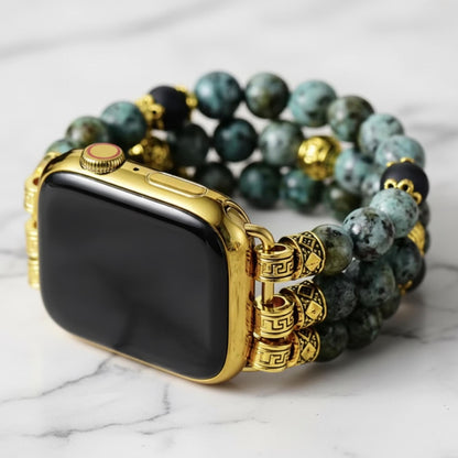 African Turquoise Beaded Watch Band with Gold Details | Gemstone Bracelet Strap | Boho Jewelry Gift for Her