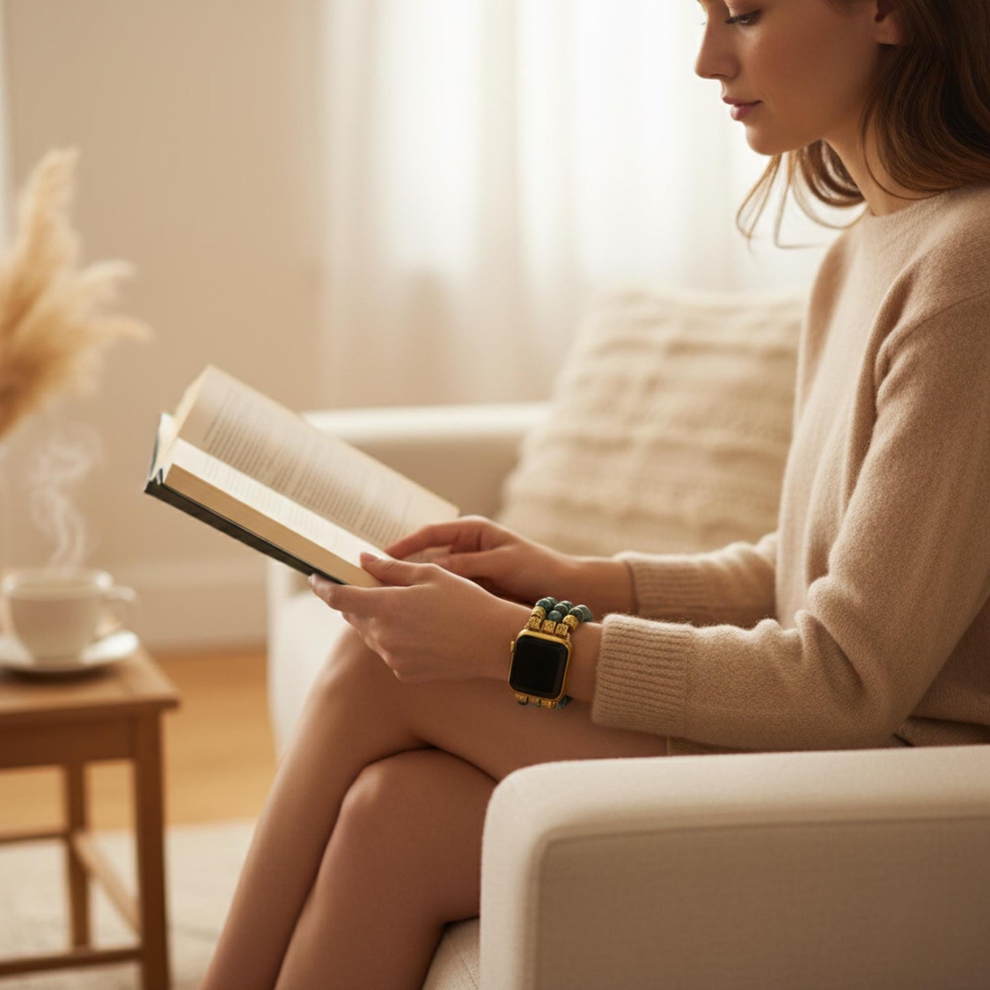 African Turquoise Beaded Watch Band with Gold Details | Gemstone Bracelet Strap | Boho Jewelry Gift for Her