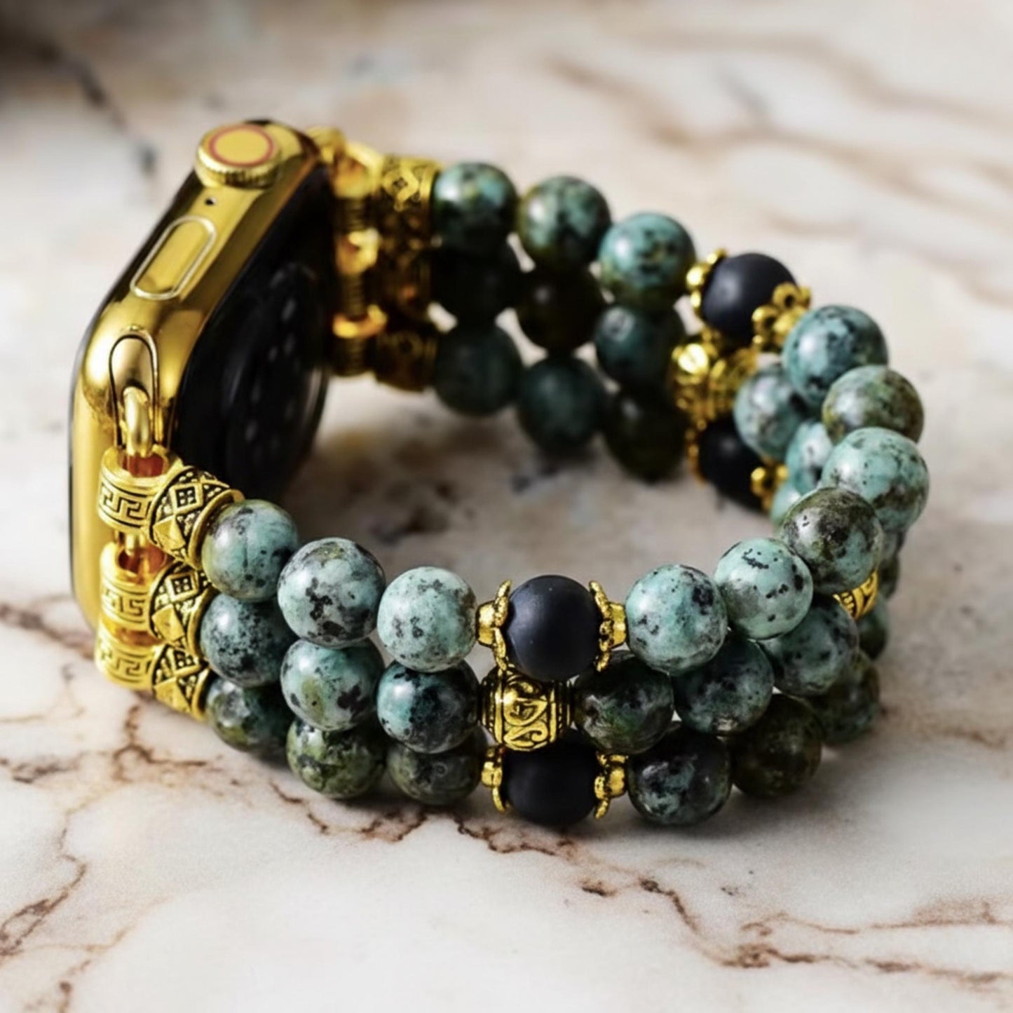 African Turquoise Beaded Watch Band with Gold Details | Gemstone Bracelet Strap | Boho Jewelry Gift for Her