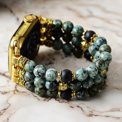 African Turquoise Beaded Watch Band with Gold Details | Gemstone Bracelet Strap | Boho Jewelry Gift for Her