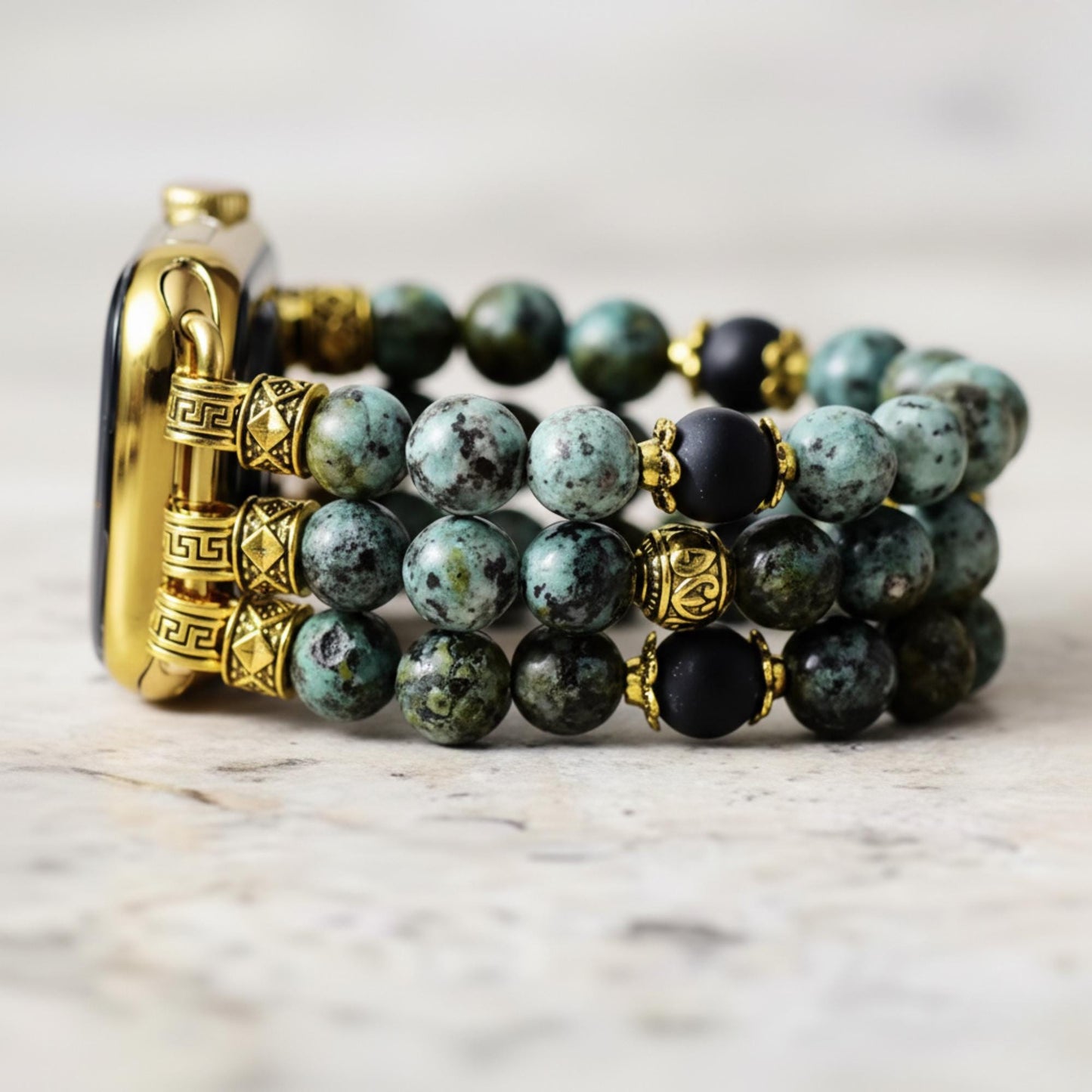 African Turquoise Beaded Watch Band with Gold Details | Gemstone Bracelet Strap | Boho Jewelry Gift for Her