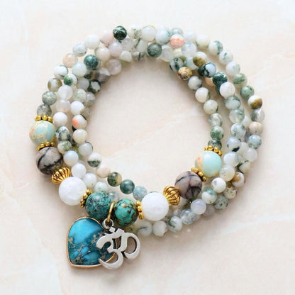 Green Gemstone Necklace with Om Charm. Turquoise Heart Natural Stone. Valentine Gift for Her