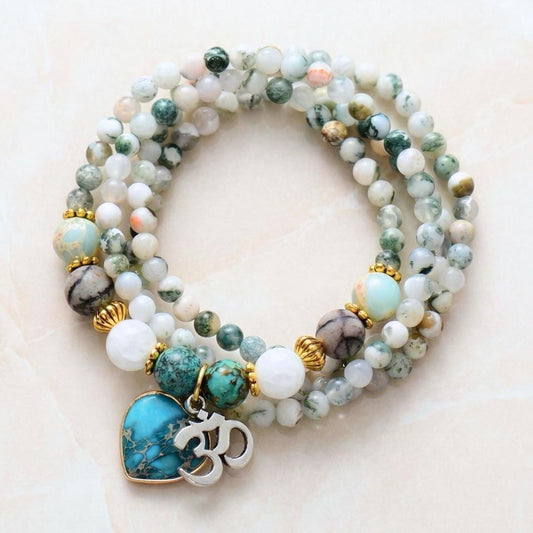 Green Gemstone Necklace with Om Charm. Turquoise Heart Natural Stone. Valentine Gift for Her