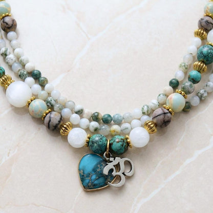 Green Gemstone Necklace with Om Charm. Turquoise Heart Natural Stone. Valentine Gift for Her