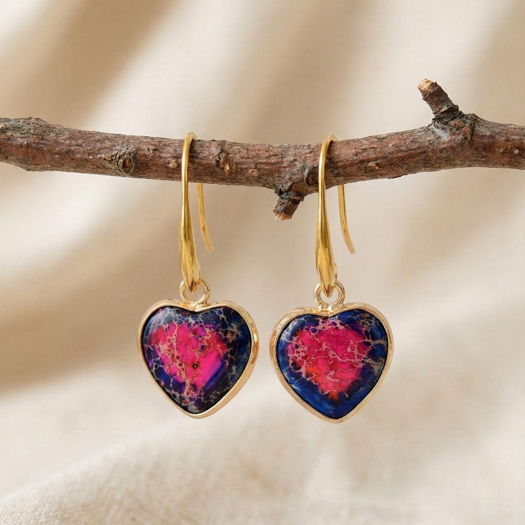 Heart Stone Drop Earrings in Gold Tone with Colorful Natural Stone for Everyday Boho Style