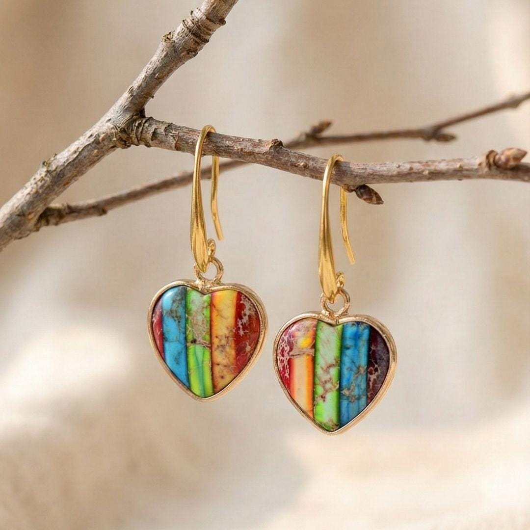 Heart Stone Drop Earrings in Gold Tone with Colorful Natural Stone for Everyday Boho Style
