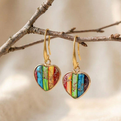 Heart Stone Drop Earrings in Gold Tone with Colorful Natural Stone for Everyday Boho Style