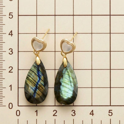 Gold Tone Heart Stud Earrings with Amethyst Teardrop Dangle in Faceted Purple Stone