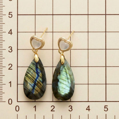 Gold Tone Heart Stud Earrings with Amazonite Teardrop Dangle in Soft Blue Stone
