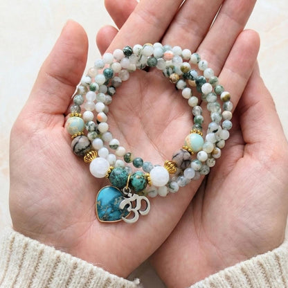 Green Gemstone Necklace with Om Charm. Turquoise Heart Natural Stone. Valentine Gift for Her
