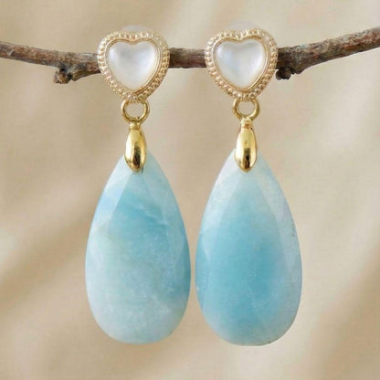 Gold Tone Heart Stud Earrings with Amazonite Teardrop Dangle in Soft Blue Stone
