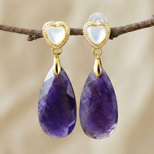 Gold Tone Heart Stud Earrings with Amethyst Teardrop Dangle in Faceted Purple Stone