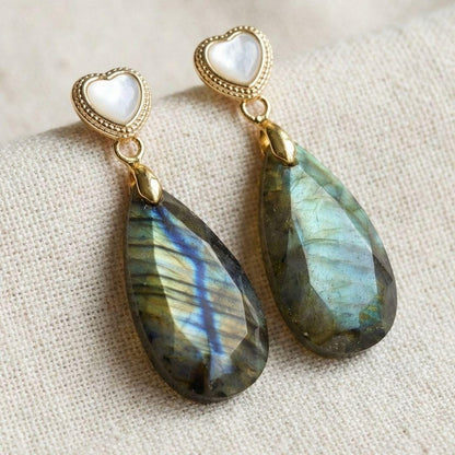 Gold Tone Heart Stud Earrings with Labradorite Teardrop Dangle in Iridescent Green Blue Stone
