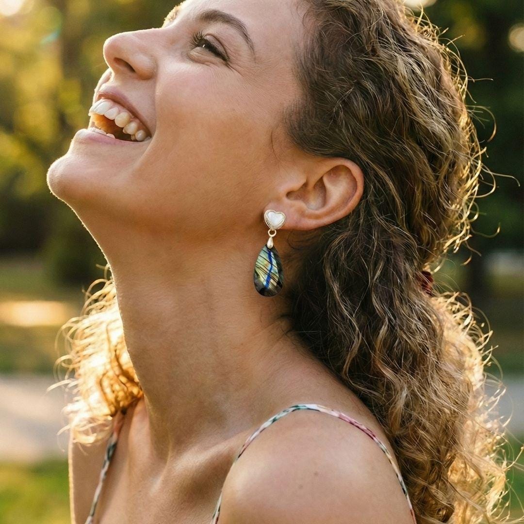 Gold Tone Heart Stud Earrings with Labradorite Teardrop Dangle in Iridescent Green Blue Stone