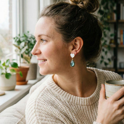 Gold Tone Heart Stud Earrings with Labradorite Teardrop Dangle in Iridescent Green Blue Stone
