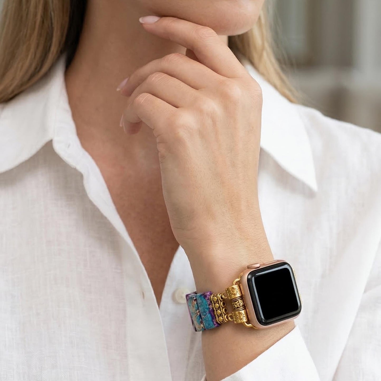 Purple Jasper Boho Apple Watch Band – Gold Tone Stone Strap