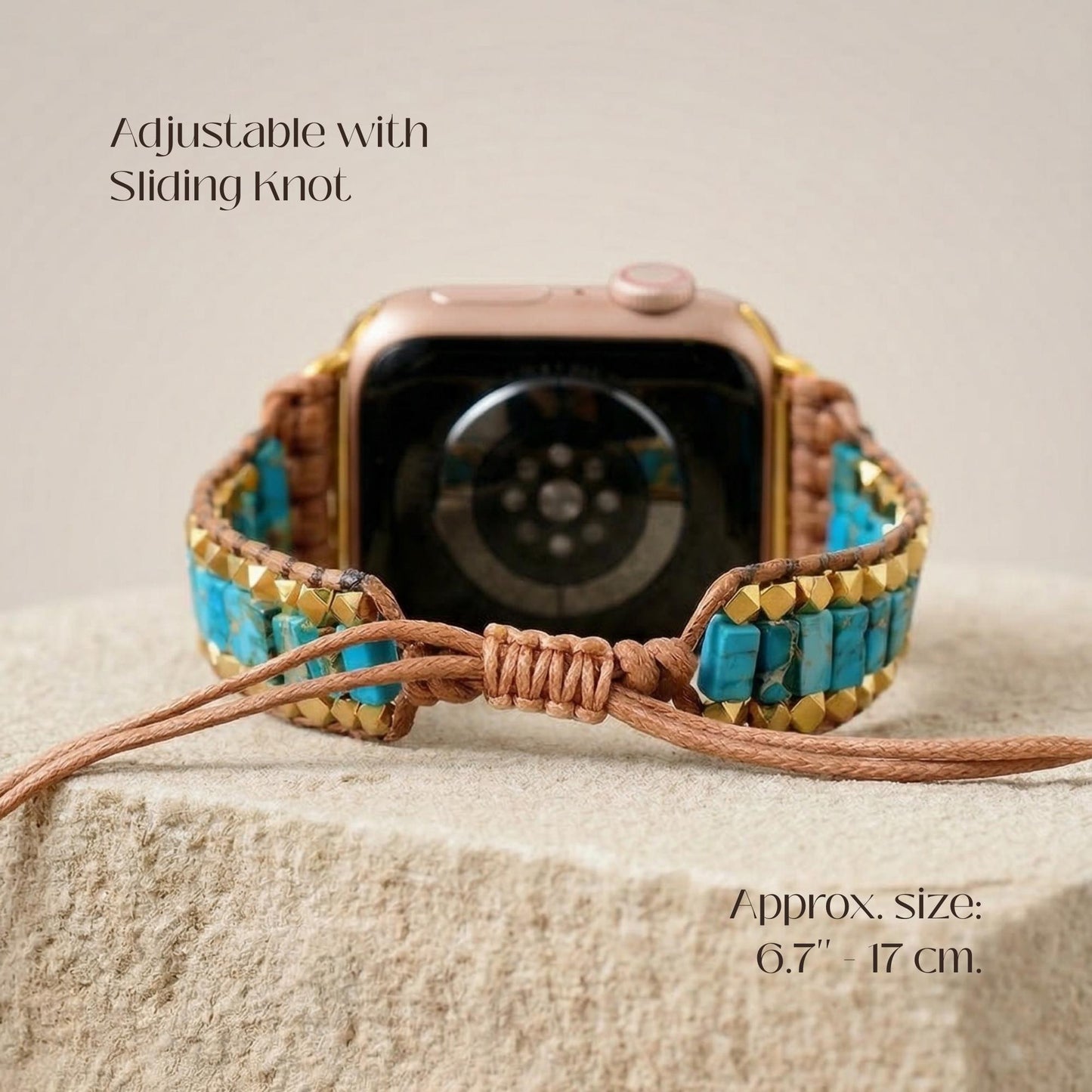Turquoise smartwatch band with gold tone beads and waxed cord, adjustable boho watch strap, lightweight gift for her