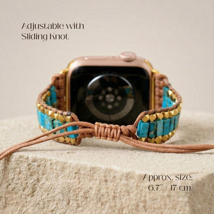 Turquoise smartwatch band with gold tone beads and waxed cord, adjustable boho watch strap, lightweight gift for her