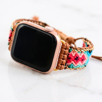 Boho woven cotton smartwatch band worn on the wrist