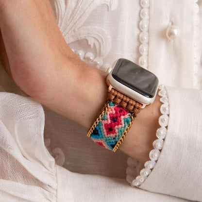 Adjustable woven Apple Watch band in mixed colors, shown flat