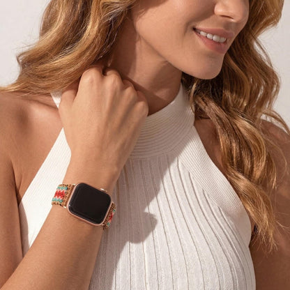 Close-up of the woven cotton pattern on a colorful Apple Watch band
