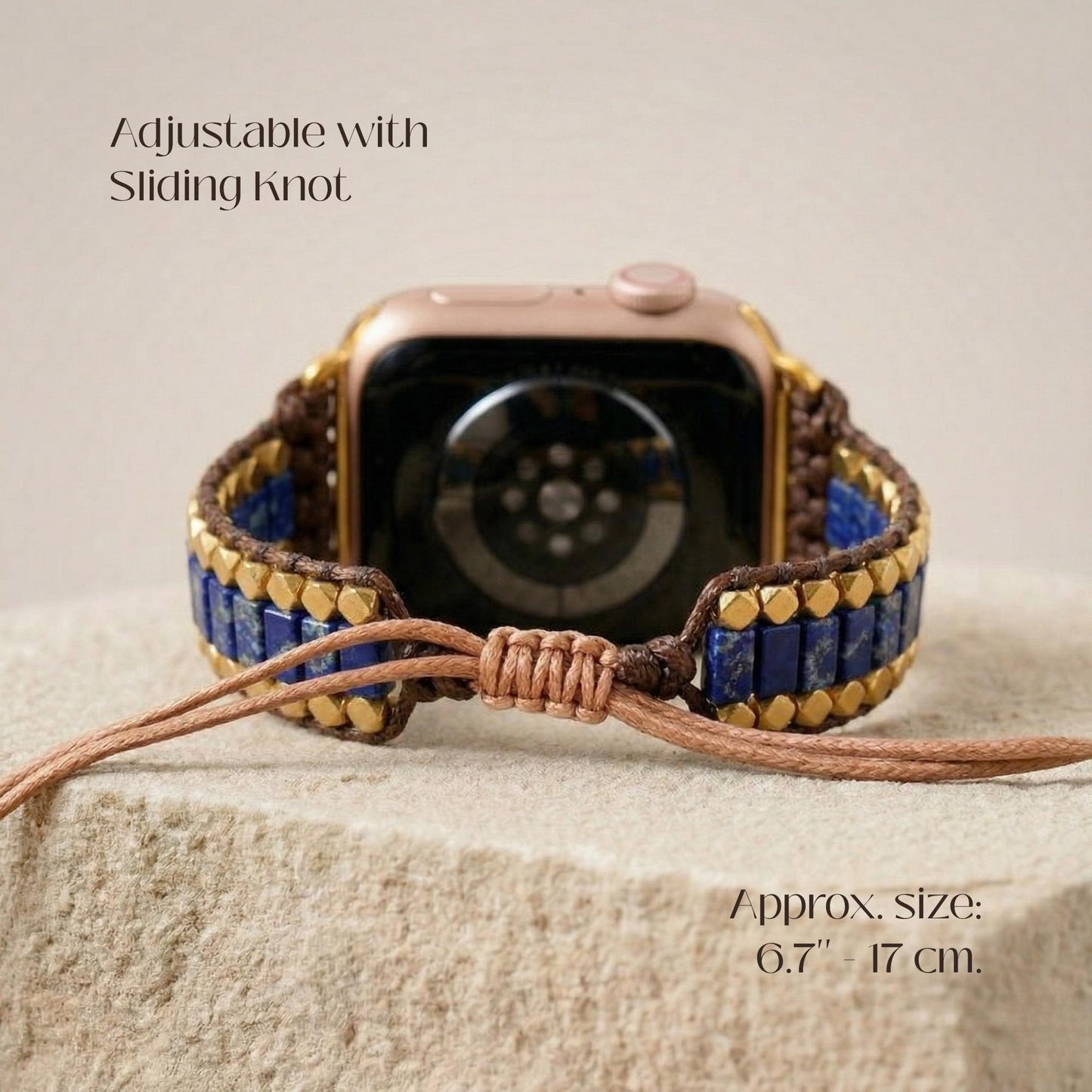 Blue lapis lazuli apple watch band with gold tone beads, adjustable waxed cord smartwatch strap, boho watch bracelet for her