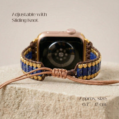 Blue lapis lazuli apple watch band with gold tone beads, adjustable waxed cord smartwatch strap, boho watch bracelet for her