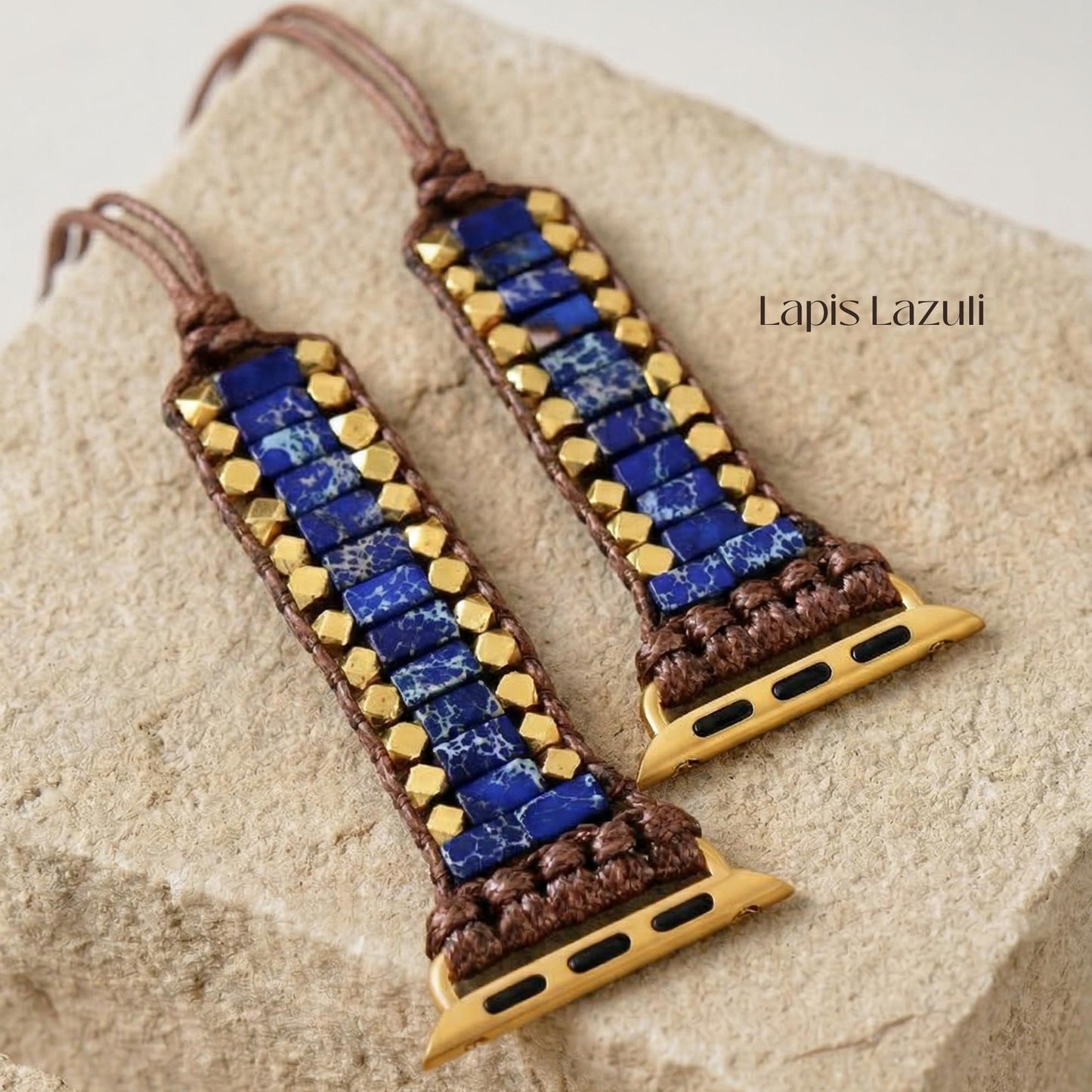 Blue lapis lazuli apple watch band with gold tone beads, adjustable waxed cord smartwatch strap, boho watch bracelet for her