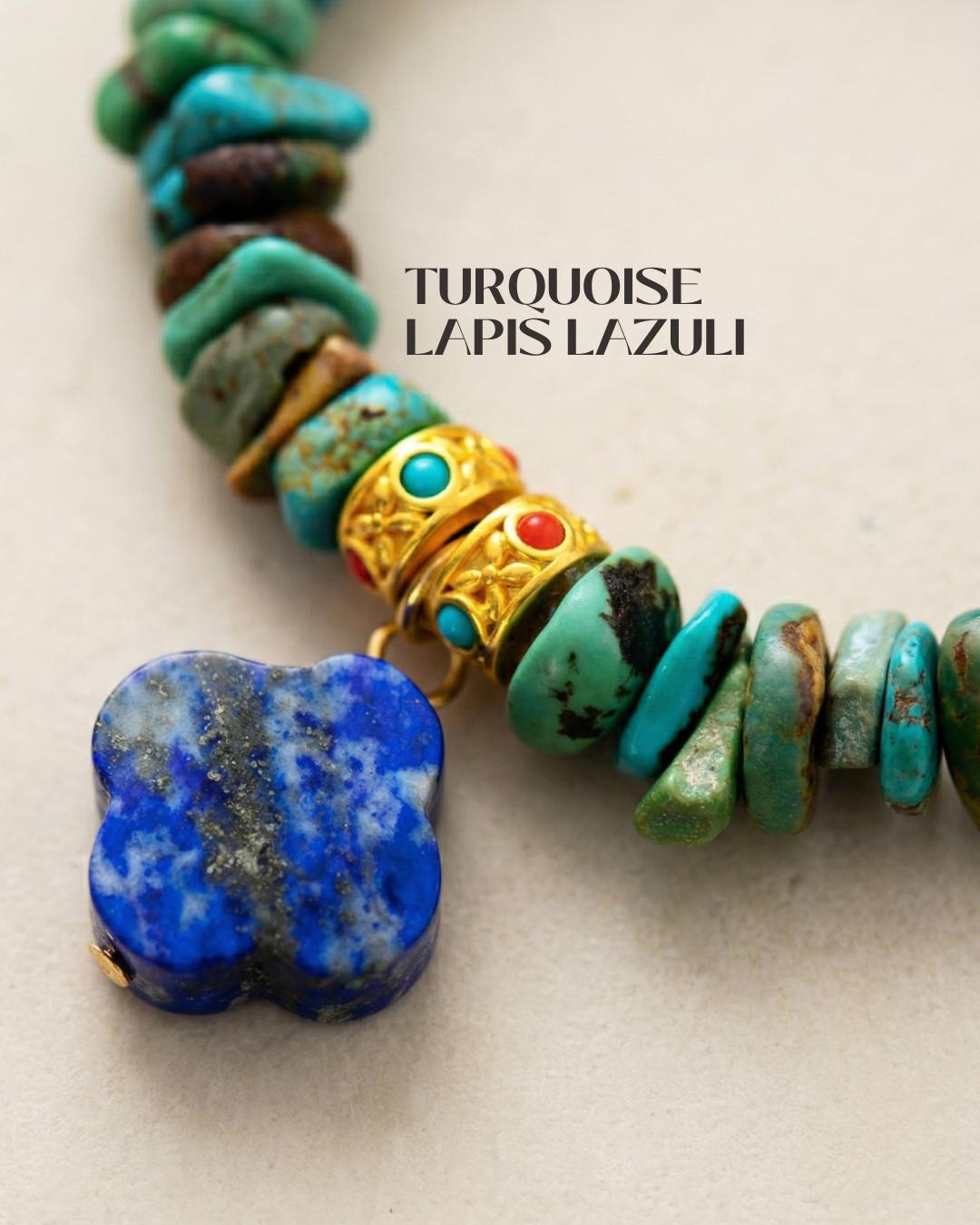 Turquoise chip bracelet with lapis lazuli clover charm, blue stone stretch bracelet in gold tone, boho everyday jewelry gift