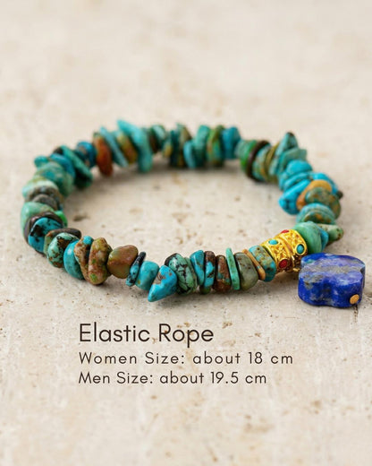 Turquoise chip bracelet with lapis lazuli clover charm, blue stone stretch bracelet in gold tone, boho everyday jewelry gift