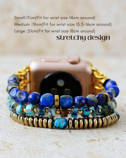 Blue lapis Apple Watch band with turquoise stone beads in gold tone boho style stretchy bracelet strap for women gift