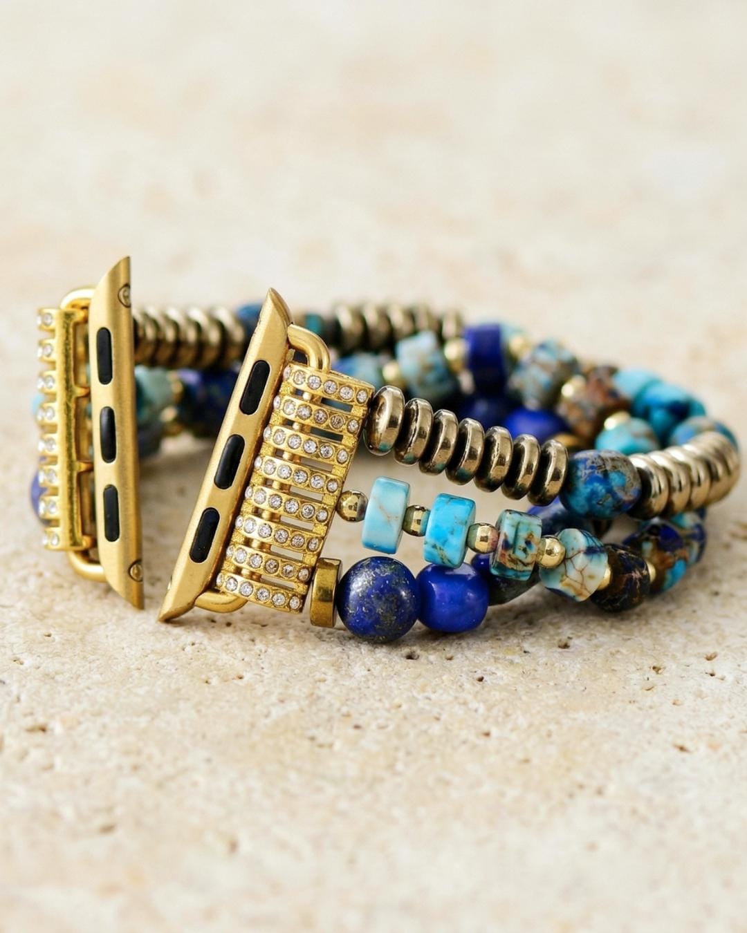 Blue lapis Apple Watch band with turquoise stone beads in gold tone boho style stretchy bracelet strap for women gift