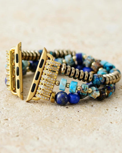 Blue lapis Apple Watch band with turquoise stone beads in gold tone boho style stretchy bracelet strap for women gift