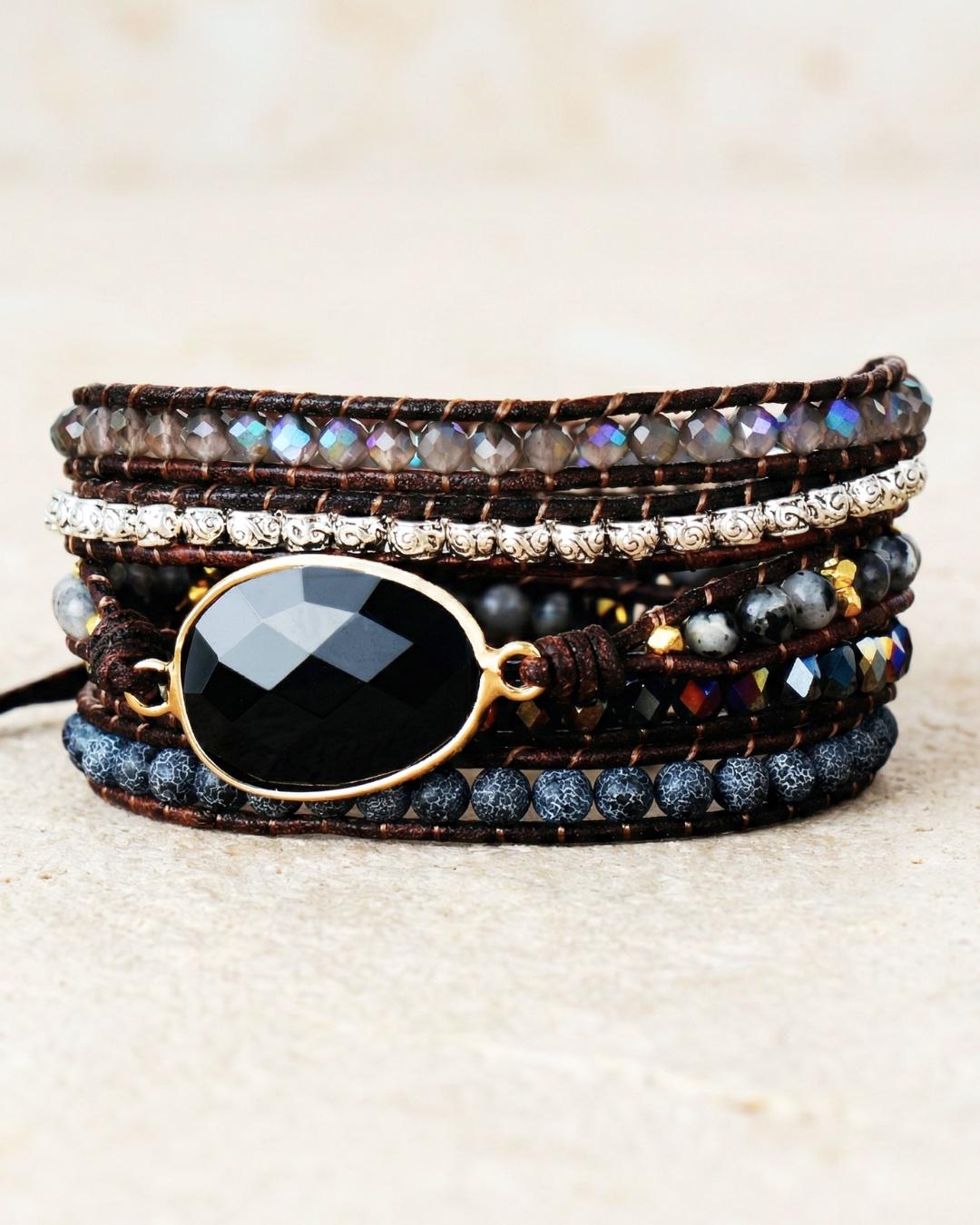 Black Onyx Vegan Leather Wrap Bracelet