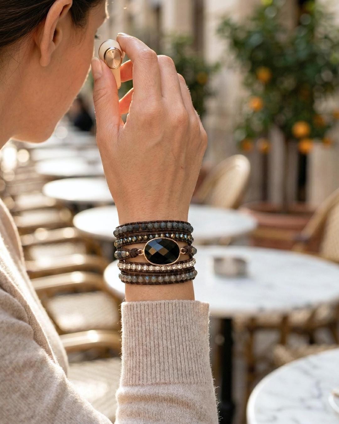 Black Onyx Vegan Leather Wrap Bracelet