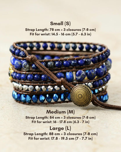 Blue lapis lazuli apple watch band with gold tone details, boho beaded smartwatch strap, waxed cord wrap bracelet for her