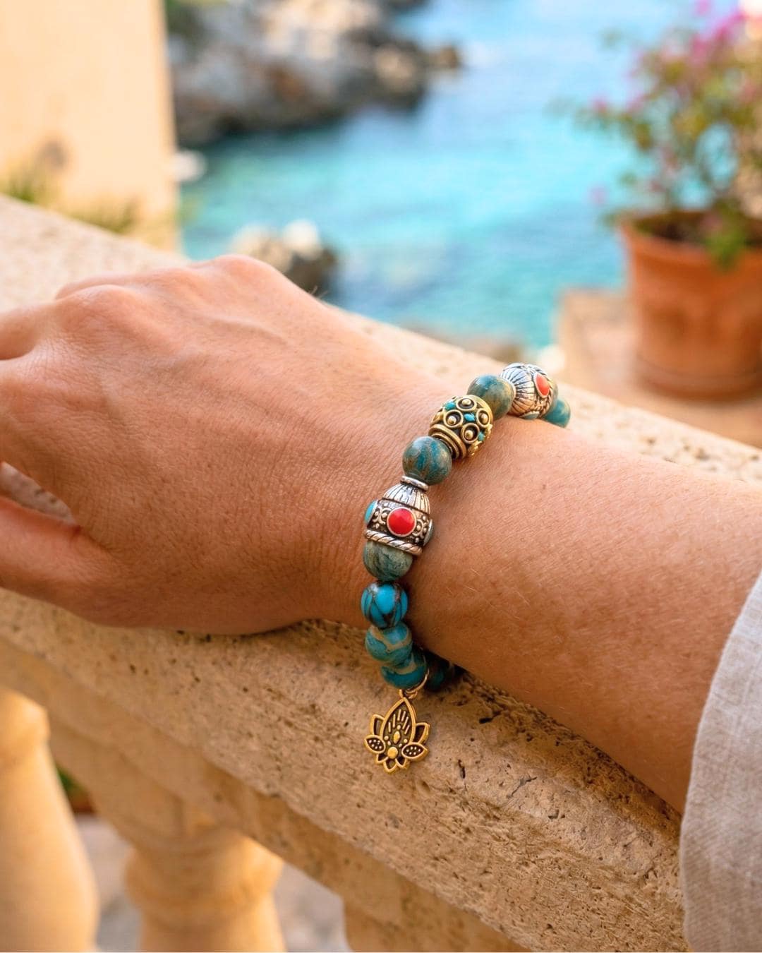 Imperial Jasper Lotus Charm Bracelet