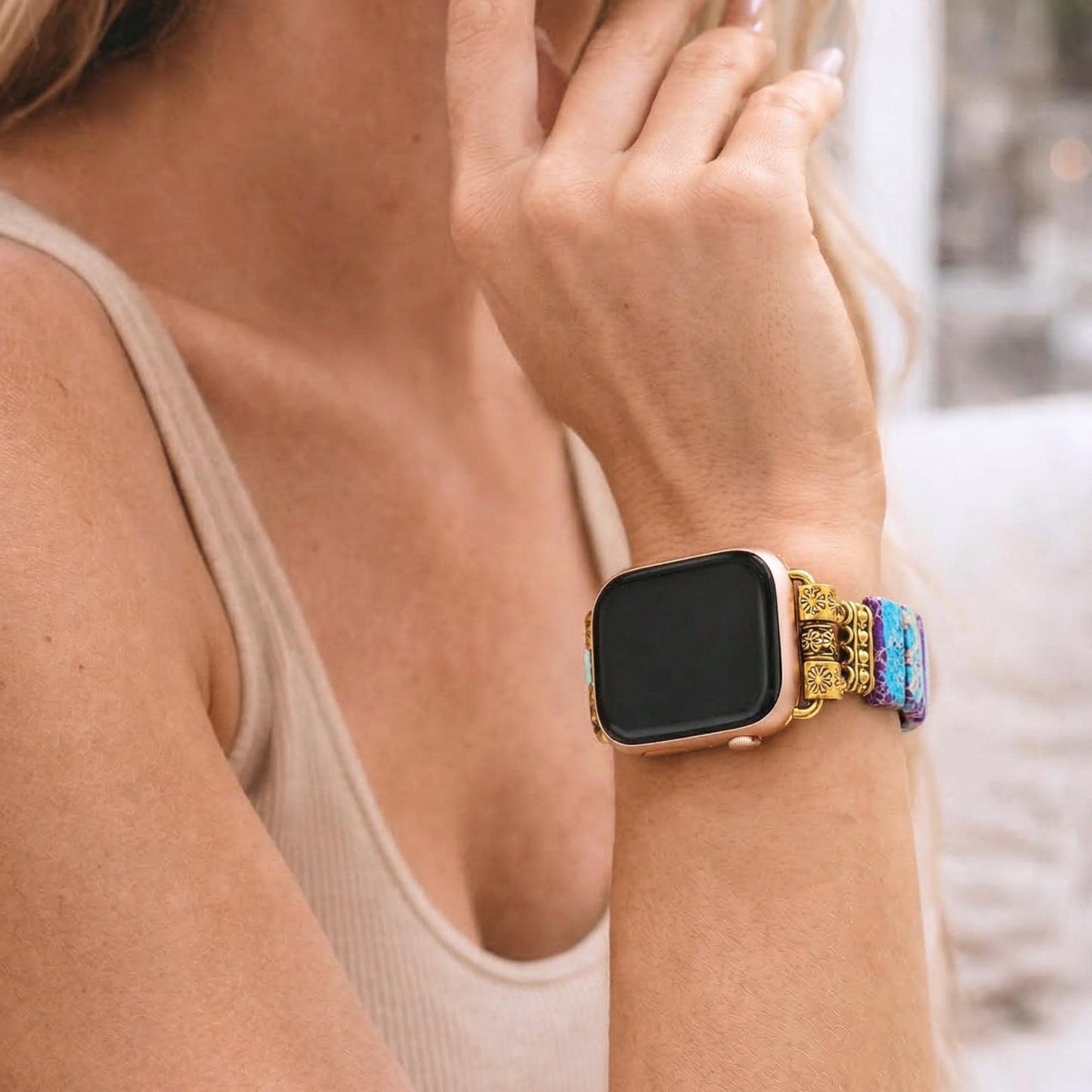 Purple Jasper Boho Apple Watch Band – Gold Tone Stone Strap
