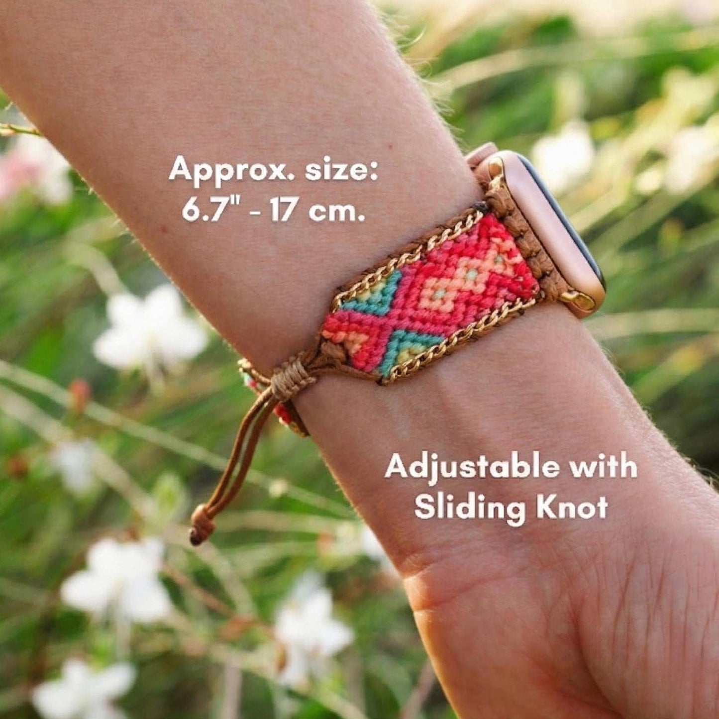 Coral pink woven Apple Watch band with teal detail, boho smartwatch strap, adjustable waxed cord bracelet in gold tone