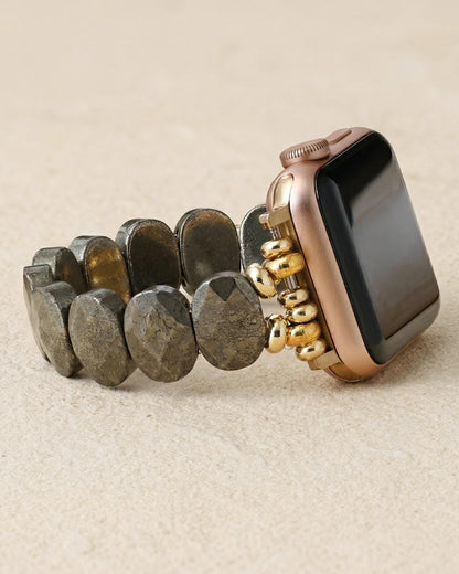 Pyrite stone smartwatch strap with gold tone beads, stretch watch band, natural stone Apple Watch band, bold neutral wristwear