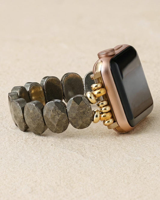Pyrite stone smartwatch strap with gold tone beads, stretch watch band, natural stone Apple Watch band, bold neutral wristwear