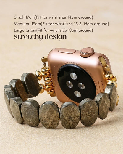 Pyrite stone smartwatch strap with gold tone beads, stretch watch band, natural stone Apple Watch band, bold neutral wristwear