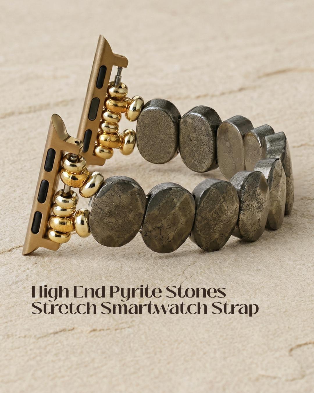 Pyrite stone smartwatch strap with gold tone beads, stretch watch band, natural stone Apple Watch band, bold neutral wristwear