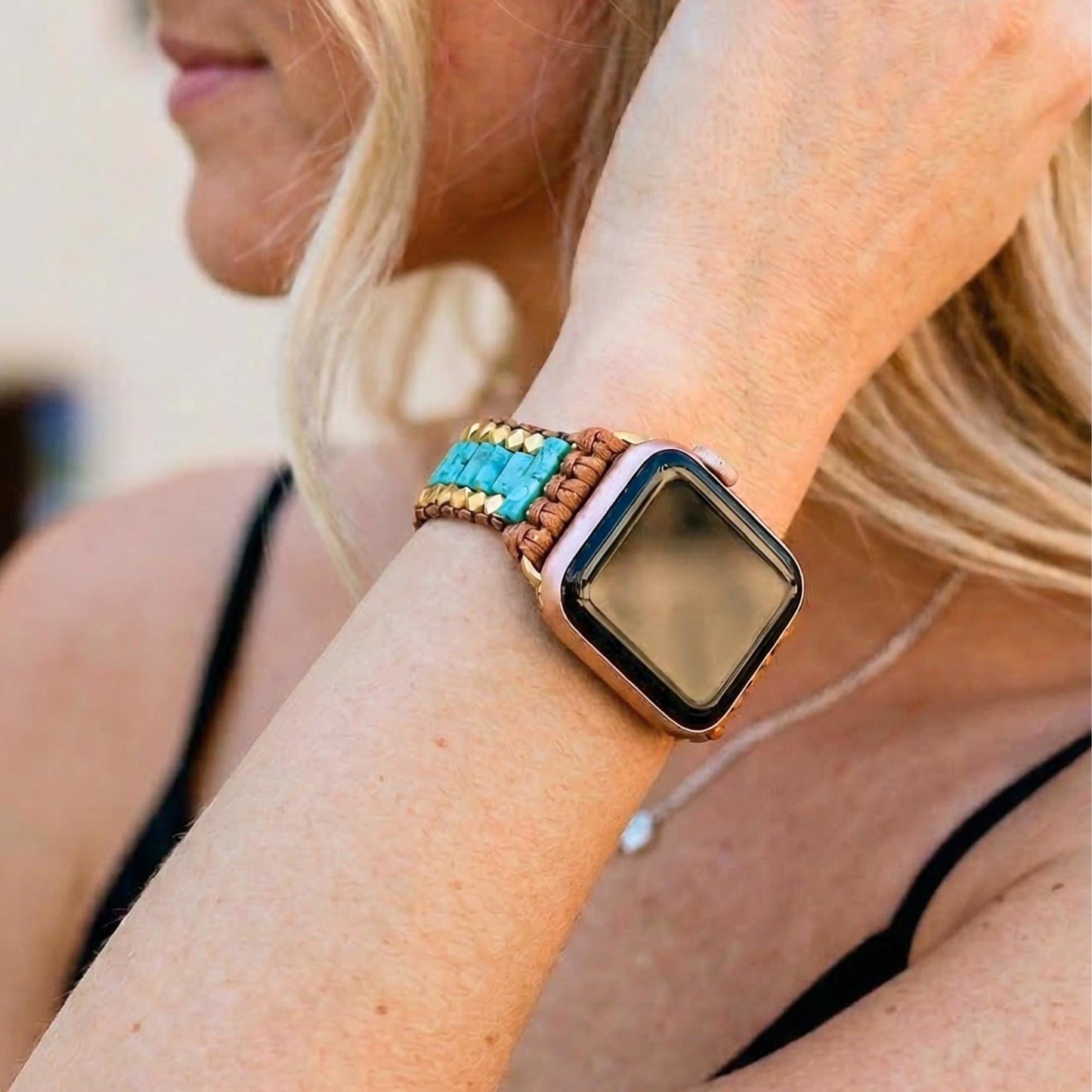 Turquoise smartwatch band with gold tone beads and waxed cord, adjustable boho watch strap, lightweight gift for her