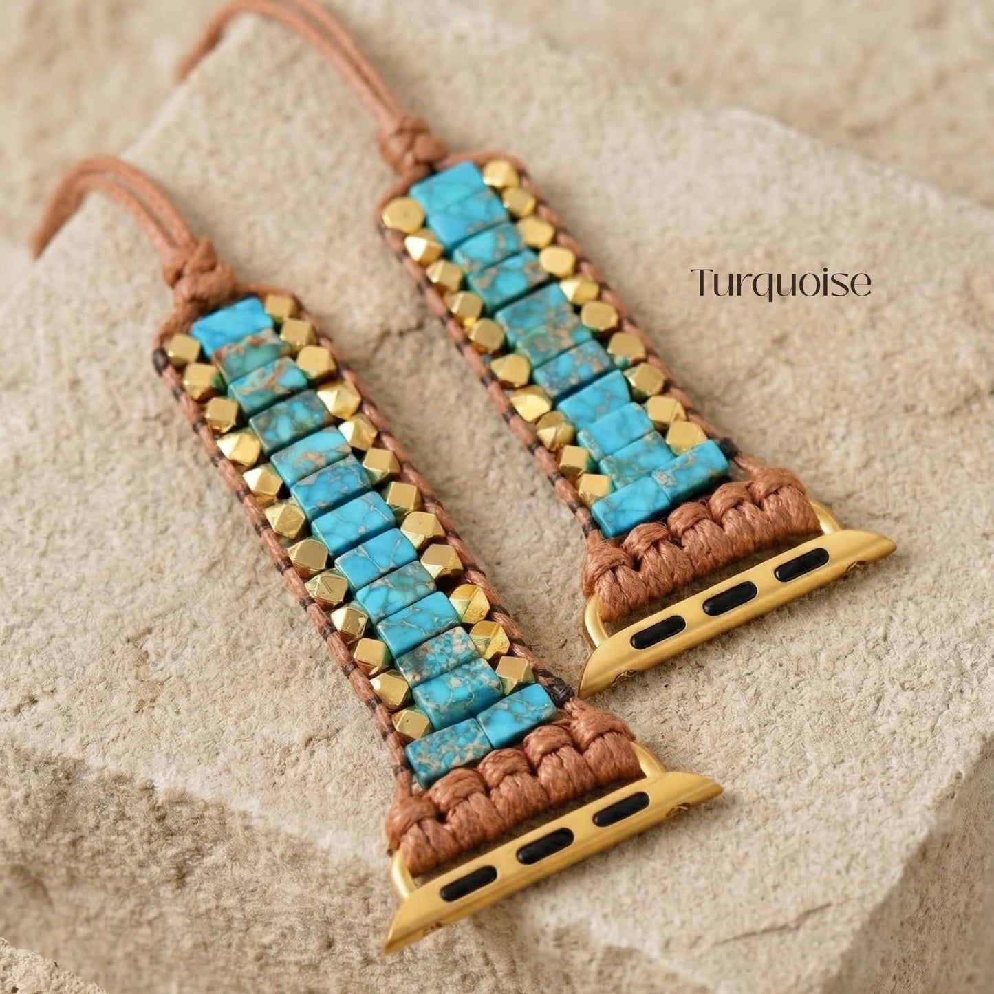 Turquoise smartwatch band with gold tone beads and waxed cord, adjustable boho watch strap, lightweight gift for her