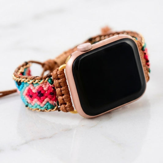 Boho colorful smartwatch band for Apple Watch, woven adjustable watch strap with waxed cord and gold tone detail bracelet