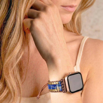 Blue lapis lazuli apple watch band with gold tone beads, adjustable waxed cord smartwatch strap, boho watch bracelet for her
