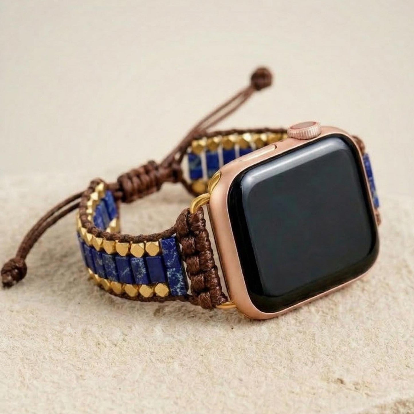 Blue lapis lazuli apple watch band with gold tone beads, adjustable waxed cord smartwatch strap, boho watch bracelet for her