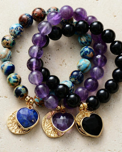 Imperial jasper amethyst onyx bracelet with gold tone heart charm, colorful gemstone bead bracelet for her gift jewelry