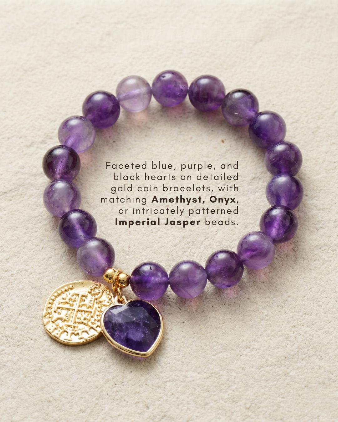 Imperial jasper amethyst onyx bracelet with gold tone heart charm, colorful gemstone bead bracelet for her gift jewelry